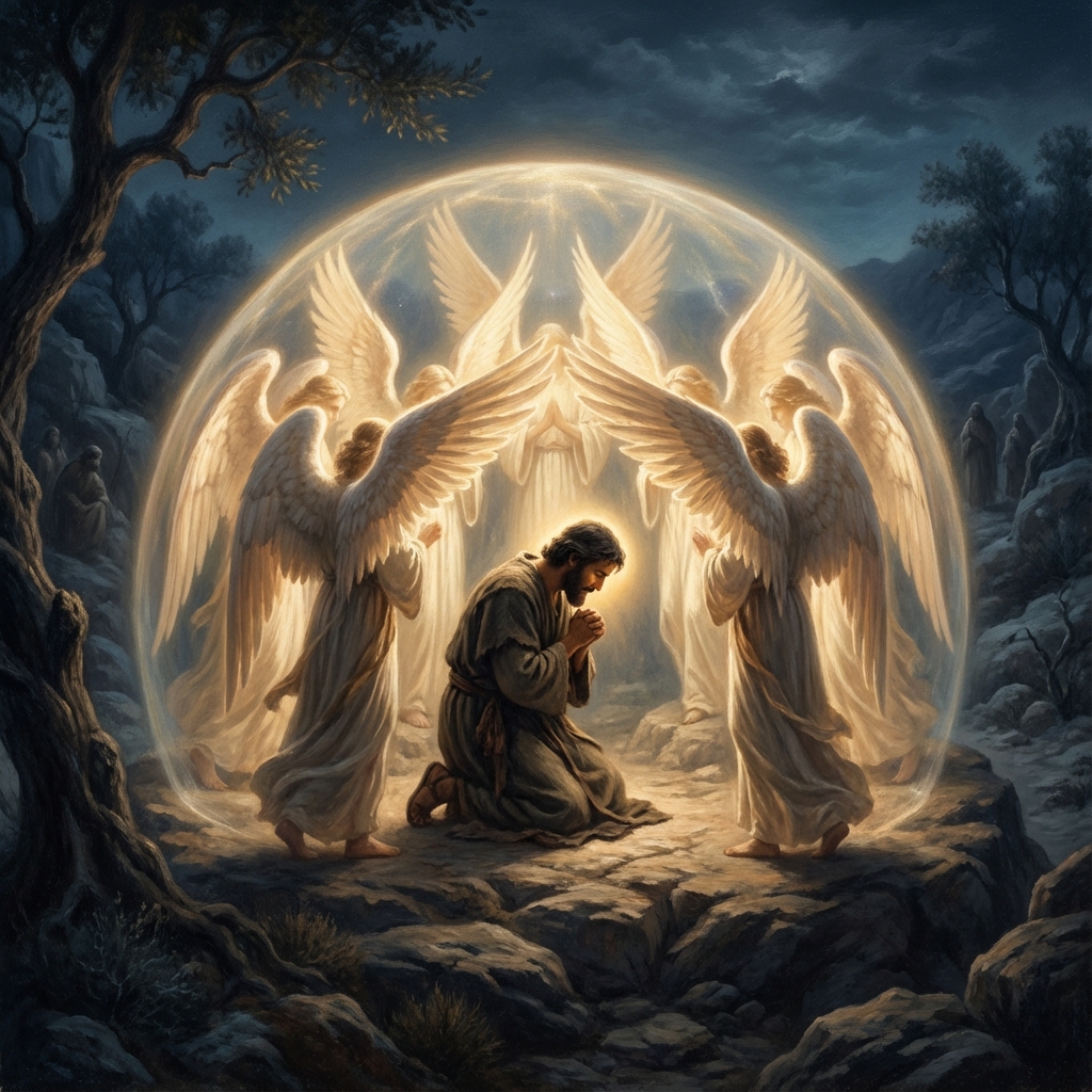 Jacob surrounded by protective angels with luminous wings forming a shield